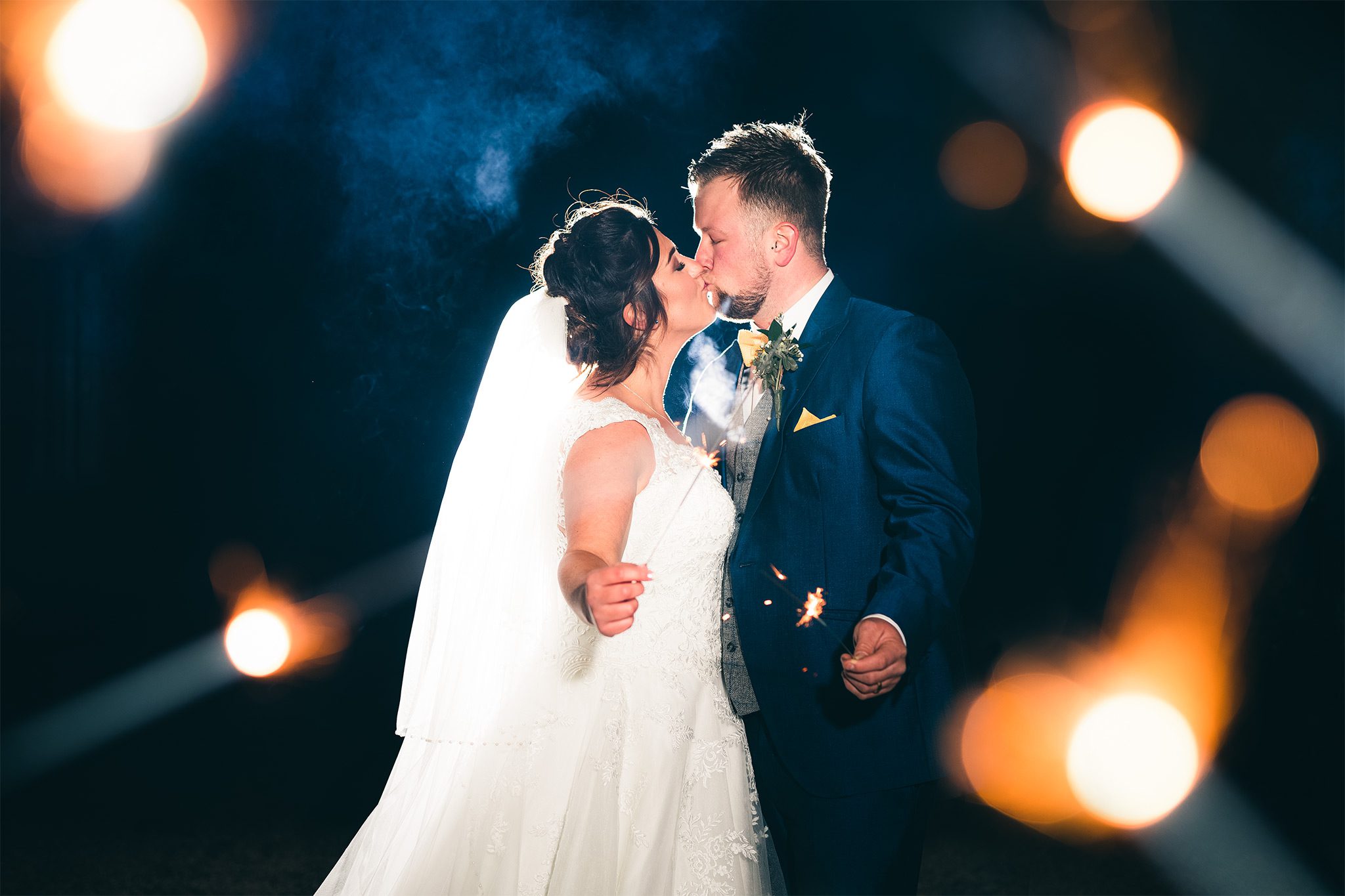Matt and Sam with sparklers - Yeldersley Hall - Peak District Wedding Photographhy