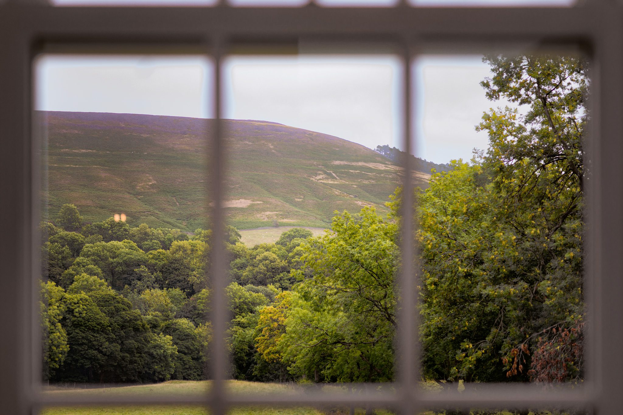 The view of Kinder Scout through the windows of Losehill House.